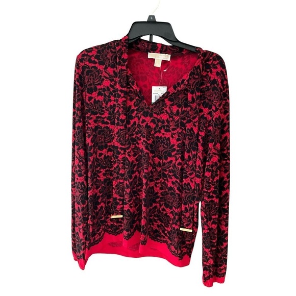 Michael Kors Blouse Top Women SZ L Red/Black Floral V-Neck Long Sleeve Pullover - Picture 1 of 5